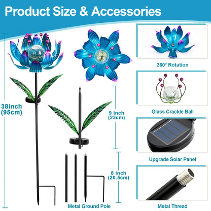 Solar Wind Spinner Outdoor Metal - Kinetic Lotus Flower Garden Sculptures & Spinners with Crackle Glass Lighting, 360° Spinning Yard Art Decor for Patio, Lawn, Pathway, Gifts for Women