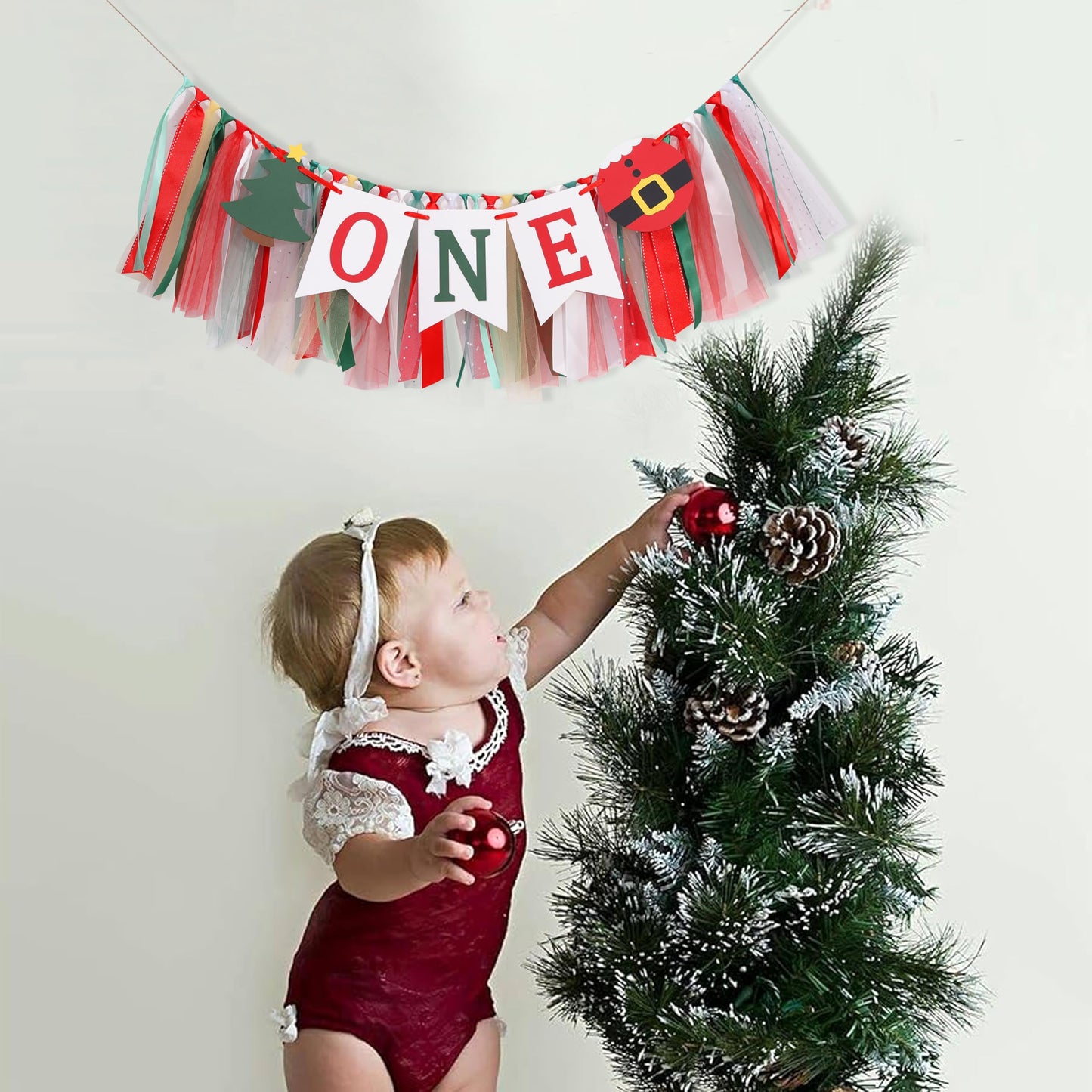 Christmas 1st Birthday High Chair Banner - My First Christmas Highchair Banner, Best Christmas Tree One Birthday Party Supplies, Santa Party Decorations for Baby, Holiday Cake Smash Photo Props