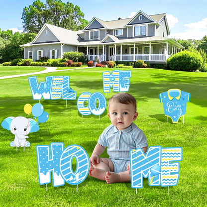 Welcome Home Baby Boy Decorations 7 Pieces Welcome Boy Yard Sign with Stakes Blue Gender Reveal Lawn Sign for Baby Shower Party Supplies Newborn Announcement Outdoor Lawn Garden Yard Decor