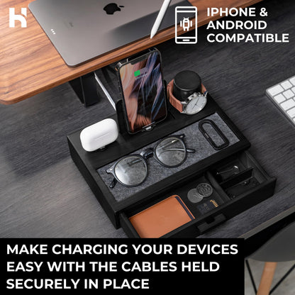 Holme & Hadfield Premium Wooden Phone Docking Station with Drawer – Nightstand Organizer for Charging Phone & Earbuds – Declutter Your Space with Felt-Lined Protection & Watch Pillar – Gift For Men