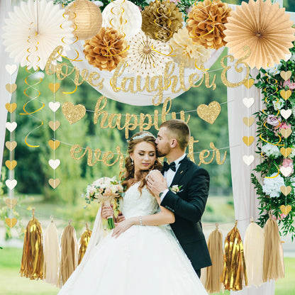Roetyce Engagement Party Decorations, Gold Glitter Love Laughter & Happily Ever After Banner for Bridal Shower, Wedding Bachelorette Party Backdrop, Almost Married/Just Engaged Photo Background Decor