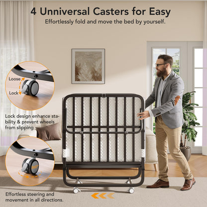 Folding Bed with Memory Foam Mattress, 75" x 31" Cot Size Portable Foldable Bed with Movable Wheels, Space-Saving Sturdy Metal Frame, Twin Rollaway Bed for Adults for Guest Room, Apartment, Camping