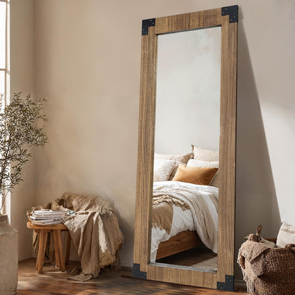 LXWZHK 65x24 Inch Full Length Mirror, Wooden Frame Full Body Standing Mirror with Metal Decorative, Light Walunt
