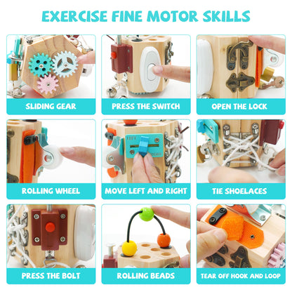 Ark miido Busy Cube for Kids 15-in-1 Sensory Busy Board Travel Toy Handmade Montessori Educational Learning Toys Activity Board Wooden Activity Cubes for Toddlers 1 2 3 4 5 Years Old