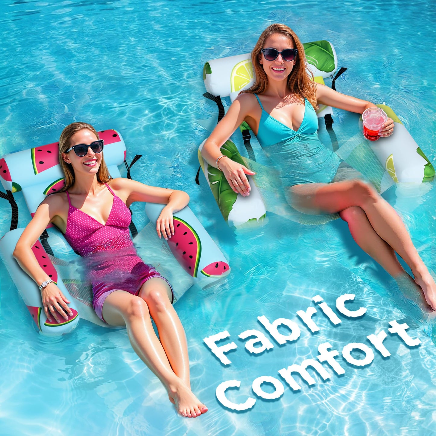 Funscape Pool Floats Chairs Adult, 2 Packs Heavy Duty Inflatable Swimming Pool Lounges, Fabric Floating Hammock Seat, Kid Blow Pool Noodle, Lake Raft Floaties, Fun Summer Beach Water Party Game—Fruits
