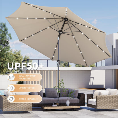 Kingdura 9FT Outdoor Patio Umbrella with Solar Lights, Market Table Umbrella with Push Button Tilt & Crank, 8 Sturdy Ribs, 32 LED Lights, UV Protection for Garden Lawn Deck Backyard Pool (Beige)