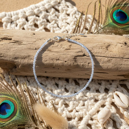 Authentic Blue Lace Agate Anklet Bracelet for Women - Lab Tested Natural Gemstone - 2mm Micro Faceted Beads - Adjustable 7 to 9 Inch Healing Crystal Foot Jewelry - Metaphysical Spiritual Gift for Peace & Throat Chakra Birthday Gift