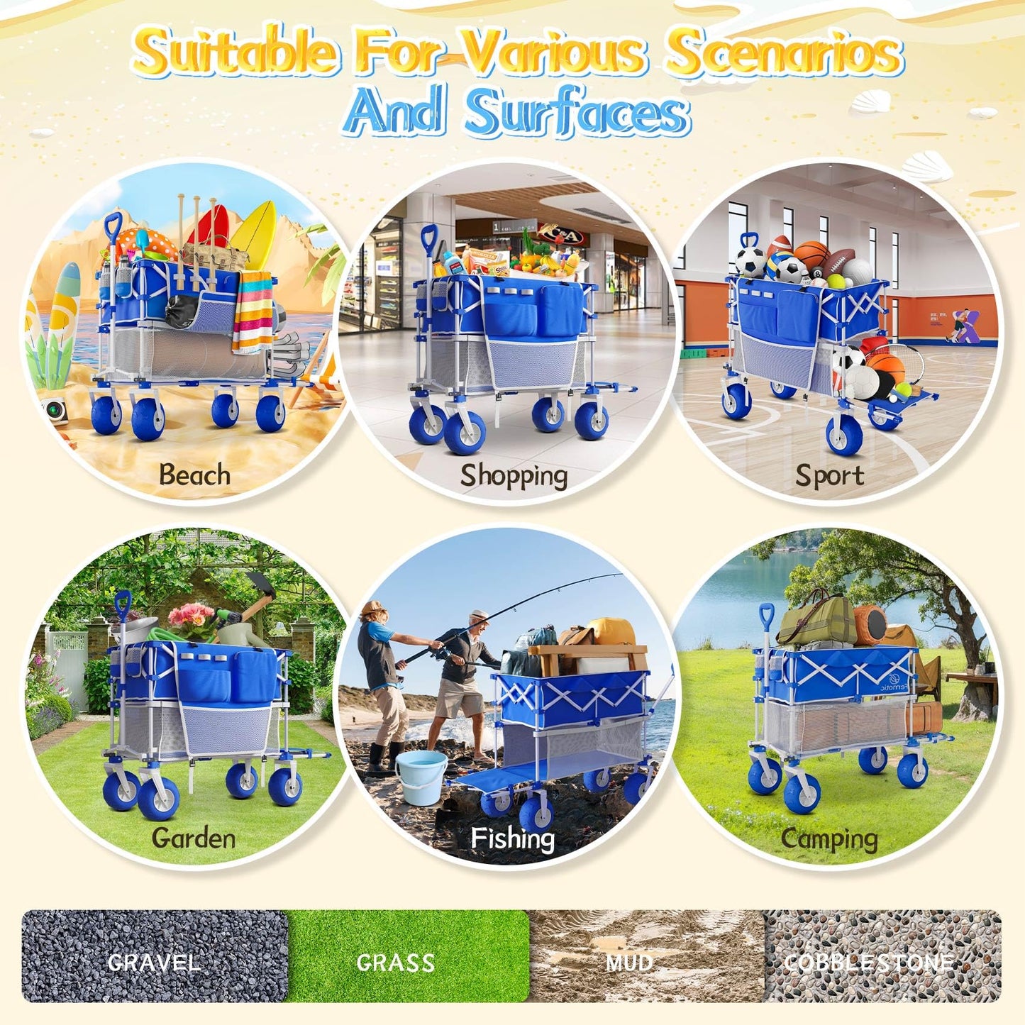 𝐔𝐩𝐠𝐫𝐚𝐝𝐞 Beach Wagon with Big Wheels for Sand, Double-Decker, 9" PVC All-Terrain Wheel, 500 lb Load Capacity, Oversized 400L, for Beach, Camping, Garden & Outdoor Sports (Blue)