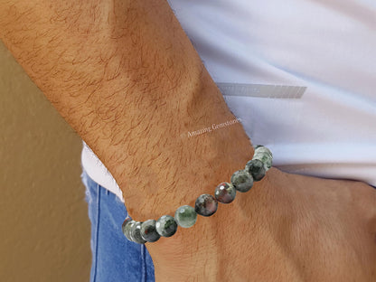 Amazing Gemstone African Bloodstone Bracelet for Women - Chakra Mens Bracelet Protection Crystals & Healing Stones - Blessing Faceted Beaded Bracelet Spiritual Meditation Gift Christmas (Adjustable)