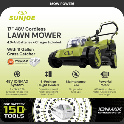 Sun Joe Cordless Electric Push Lawn Mower with 6-Position Height Adjustment, 11-Gal Bag, 17-Inch Cutting Width - Heavy-Duty Yard Trimmer for Gardening Care and Maintenance, 24V-X2-17LM