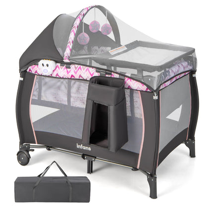 INFANS 4 in 1 Pack and Play, Portable Travel Baby Playard with Bassinet, Changing Table, Canopy, Mosquito Net, Hanging Toys, Music Box, Storage Bag, Large Playpen from Newborn to Toddlers (Pink)