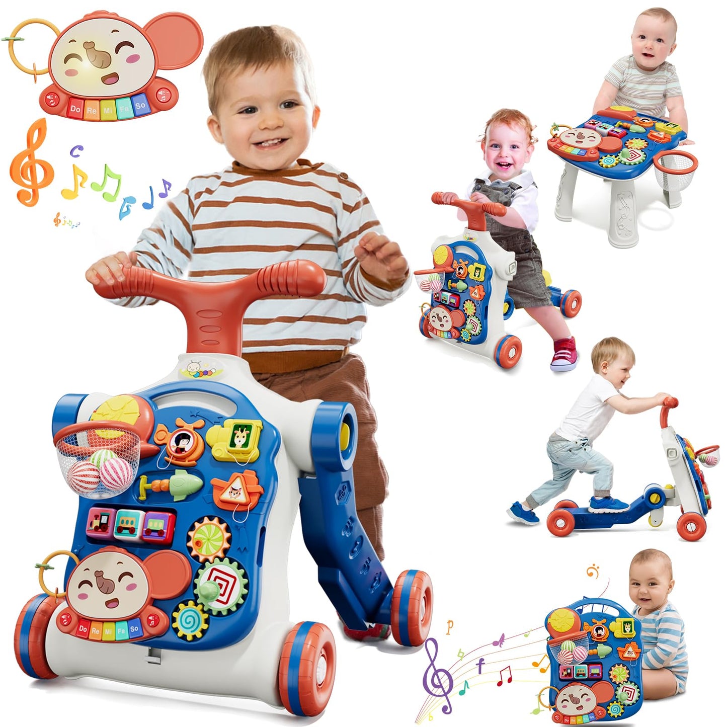 QDRAGON 5 in 1 Push Walkers for Baby Boys, Toddler Learning to Walk, Sit to Stand Walker, Early Learning Push Toy for Infant 12+ Months, Navy Blue
