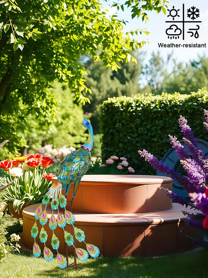 YEAHOME Garden Decor Outdoor Statues, 34" Large Metal Peacock Standing Yard Art, Blue Green Bird Lawn Sculptures Garden Decor for Outside Patio Porch Backyard