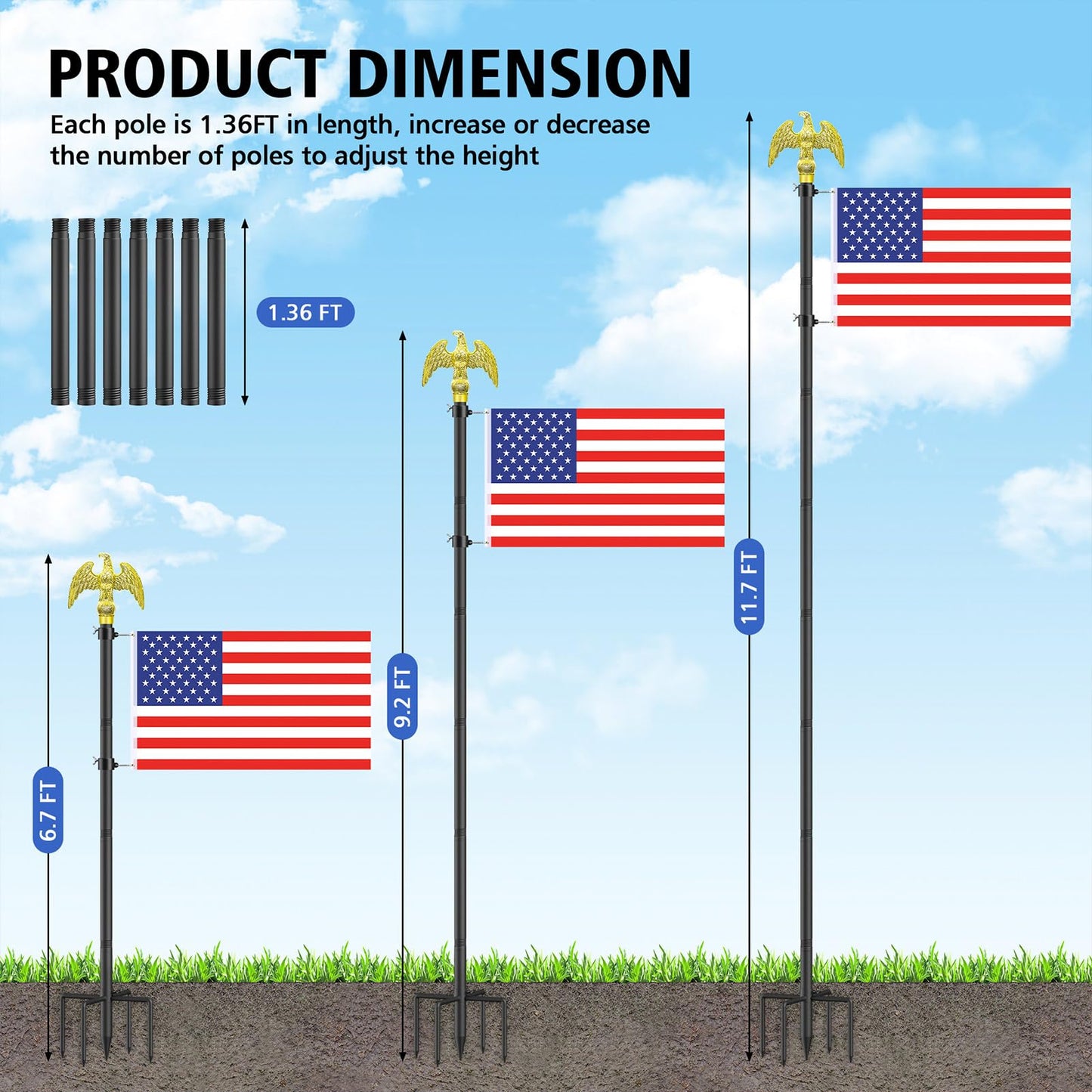 Flag Pole for Outside House, Outdoor Black Heavy Duty 10 FT Flag Pole Kit, for Residential or Commerical, Tangle Free Flagpole (Include American 3 X 5 Flag, 5 Pronges Base, Eagle Shaped Head)