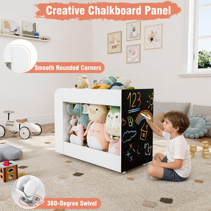VortinT 3-in-1 Toy Storage Box with Bookshelf and Chalkboard, Large Stuffed Animal Toy Chest on Wheels, Kids Toy Storage Organizer Bin for Kids Room, Nursery & Playroom, for Kids, White