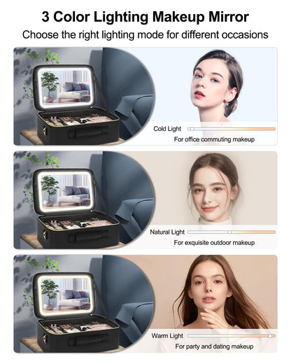 Relavel Travel Makeup Bag With LED Mirror, 16.2" Large Makeup Train Case, 3 Color Scenarios Adjustable Brightness, Waterproof Makeup Train Case Organizer with DIY Dividers for Makeup Artist, Black