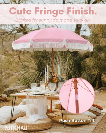 Punchau 6 Ft Fringe Patio Umbrella - Outdoor Umbrella for Patio, Pool, Table, Garden, Deck, and Beach - Push Button Tilt Pole - Fashionable Boho Vintage Tassels and Wood Print - Pink
