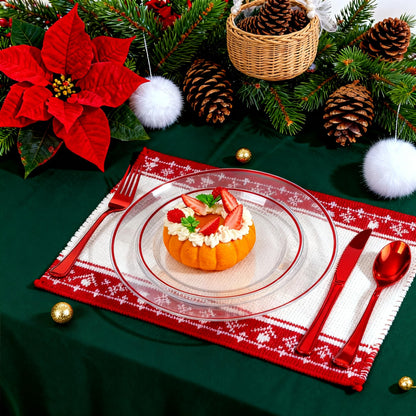SUT 350 Pcs Red and Clear Plastic Dinnerware Set for 50 Guests, Include: 50 Dinner Plates, 50 Dessert Plates, 50 Pre Rolled Napkins With Silverware, 50 Cups, Disposable Plates for Party
