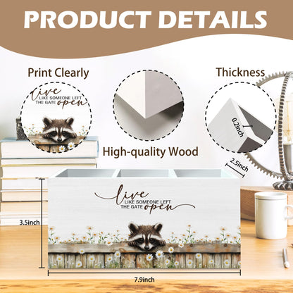 DILSJ Raccoon Inspirational Pen Pencil Holder Organizer For Desk, Raccoon Gifts, Rustic Floral Live Like Someone Left The Gate Open Wooden Box Signs For Home Office Desk Tabletop Decoration