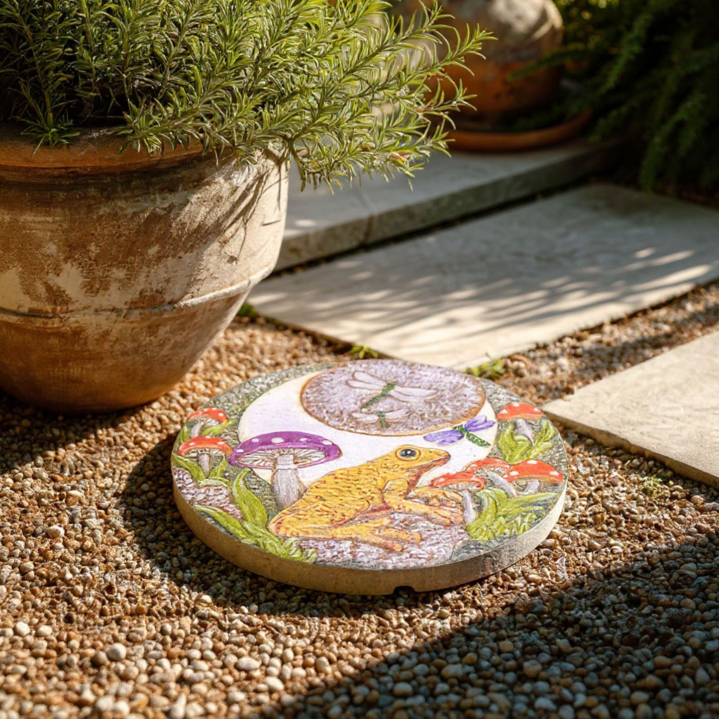 Hapjoy Stepping Stones Outdoor for Garden Moon Frog Mushroom Butterfly Decorative Stepping Stones Walkway Round Stone Garden Decor for Pathway Lawn (Yellow)