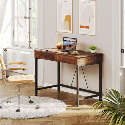 Mexin Small Desk with 2 Wooden Drawers, 40 Inch Home Office Writing Desk, Vanity Desk with Storage, Computer Desk for Bedroom Small Spaces, Table for Office, Kids Study, Makeup, Rustic Brown