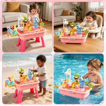 HUASHILUO Upgraded Water Table for Toddlers 1-3 with Electric Water Pump, Kids Water Table with Faucet, Play Food Accessories Fishing Toy, Kitchen Play Sink Toys for Girl Boy
