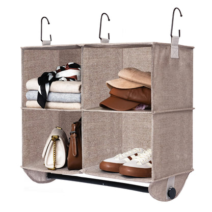 StorageWorks Hanging Closet Organizer with Metal Rod, 4-Section Closet Organizers and Storage, Collapsible Hanging Shelves for Baby Clothes, Shoes, Sweater Storage, Brown and Beige