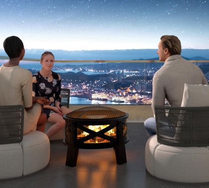 Fire Beauty 26"Steel Fire Pit with Grill Grate&Spark Screen,360° Airflow Boost Technology,Less Smoke,Larger Flames,Heavy-Duty Portable Camping Fire Pit for Backyard,Beach,RV (22lbs,4 Handles,Dual-Use)