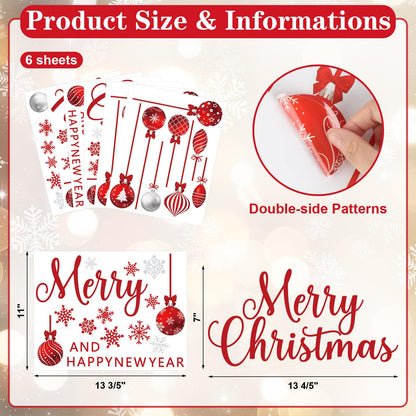 Red Merry Christmas Window Clings 6 Sheets, Happy Holiday Winter Snowflake Window Decals Stickers for Home Xmas Party Decorations Supplies, Reusable Happy New Year Cling for Windows (Xmas)