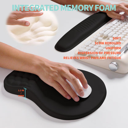 KUOSGM 2-in-1 Ergonomic Set, Wave Rise Keyboard Wrist Rest and Massage Bulge Slope Mouse Pad Wrist Support, Cushion Memory Foam Integrated to Relieve Wrist Pain, Black