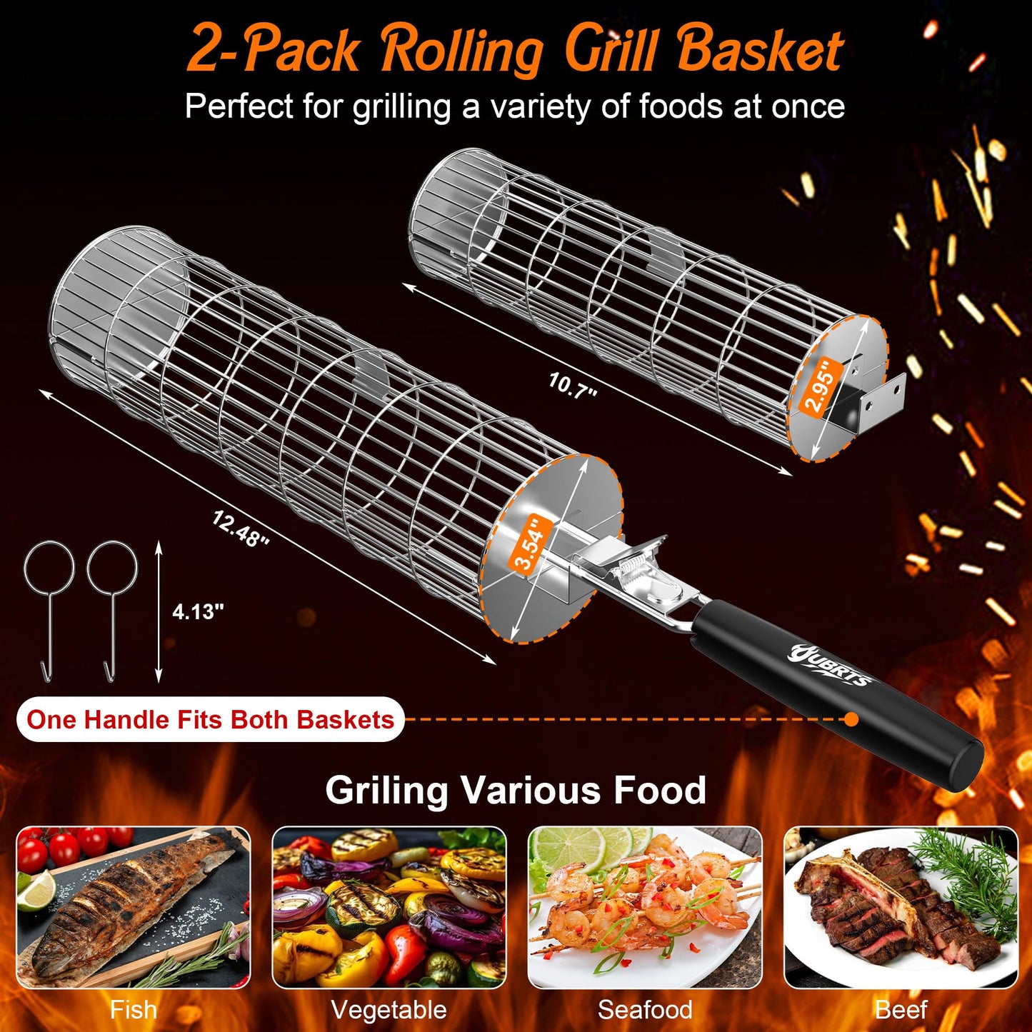 Rolling Grill Baskets for Outdoor Grill, 2PCS BBQ Grilling Basket with Removable Wooden Handle, Stainless Steel Camping Cooking Grill Accessories for Meat Fish Vegetable Seafood, Gifts for Men Dad Husband