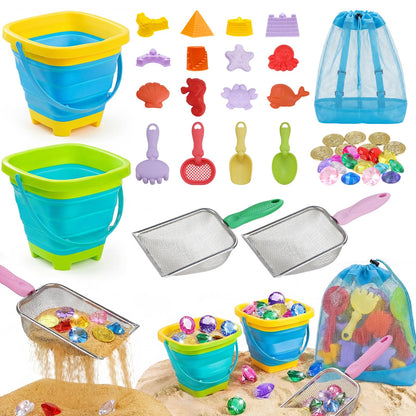 Eicaus 46 PCS Beach Sand Toys for Kids Toddlers, Collapsible Sand Buckets & Mesh Bag Set with Heavy Duty Metal Sifters, Treasure Hunt Gems, Castle Molds, Travel Sandbox Toys for Boys Girls