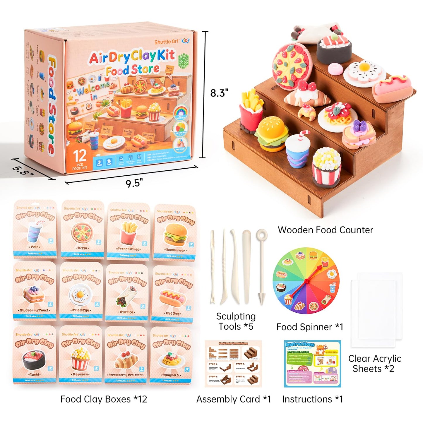 Shuttle Art Air Dry Clay for Kids - Food Store, 21 PCS Modeling Clay Kit with Sculpting Tools and Tutorials, Safe & Non-Sticky, Craft Gifts for Boys & Girls