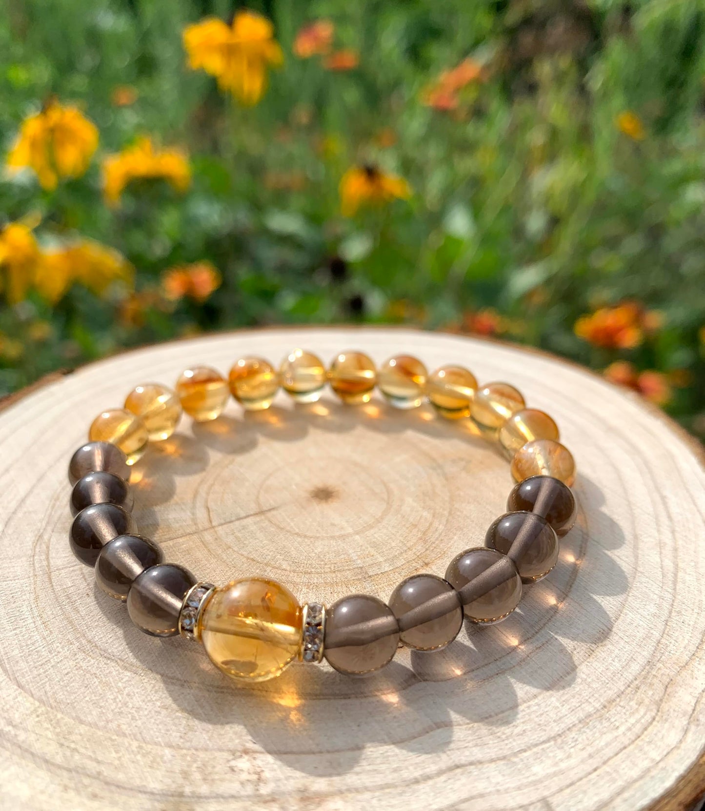 Handmade Genuine Citrine&Smoky Quartz Beads Bracelet, ABUNDANCE GROUNDING STONE Healing Crystals Birthstone Chakra Adjustable Stretch Bangle Cuff Jewelry Gift for Women Men