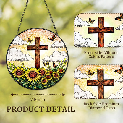 8 Inch Stained Glass Cross Suncatcher with Sunflower & Butterfly Christian Gifts for Women Religious Window Hanging Decor Unique Catholic Easter Birthday Gifts for Mom Grandma (Brown, Medium)