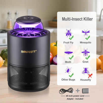 BANPESTT Automatic Insect Trap: Dusk-to-Dawn Sensor & Powerful Suction Quiet, Non-Zapper for Fruit Flies, Gnats, Mosquitoes | Includes 6 Glue Boards & UV Light (Black)