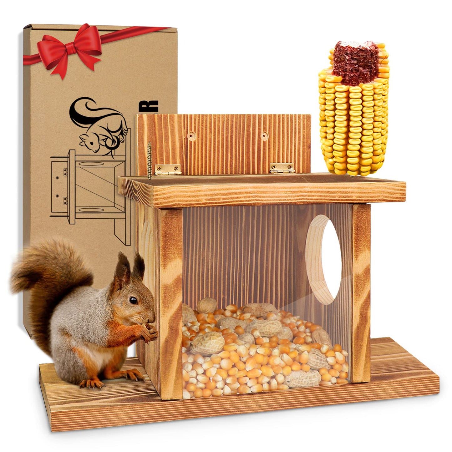 Carbonized Wood Squirrel Feeder, Squirrel Feeders for Outside Winter, Durable Squrrill House Box Easy to Fill with Removable Front Panel, Wooden Chipmunk Feeder for Corn, Peanuts