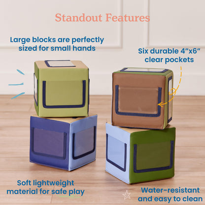 ECR4Kids SoftZone Picture Me Building Block Playset, Stacking Cubes, Earthtone, 4-Pack