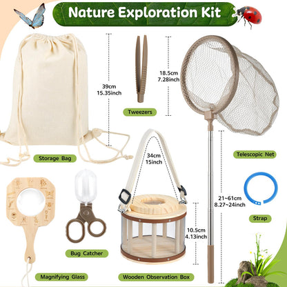 GAGAKU Kids Bug Catching Kit with Backpack - 8 in 1 Outdoor Explorer Set with Net, Wooden Box & Magnifying Glass, STEM Science Educational Toys Gifts for Boys Girls Ages 4-12