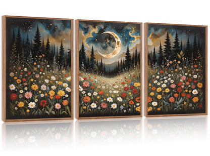 HPINUB Wildflower Moon Forest Framed Canvas Wall Art Set,Nature Pine Tree Wall Decor,Mystical Starry Night Artwork Rustic Mountain Landscape Art Print For Living Room,Bedroom(Set of 3,12X16 Inch)