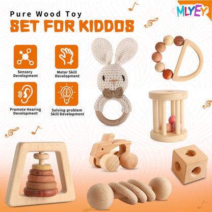Wooden Toys for Babies, 7PCS Wooden Baby Rattle for 7-24 Months Boys Girls, Natural Wood Montessori Toys Set with Crochet Rabbit Rattle for Infant Grasping, Gift for Baby