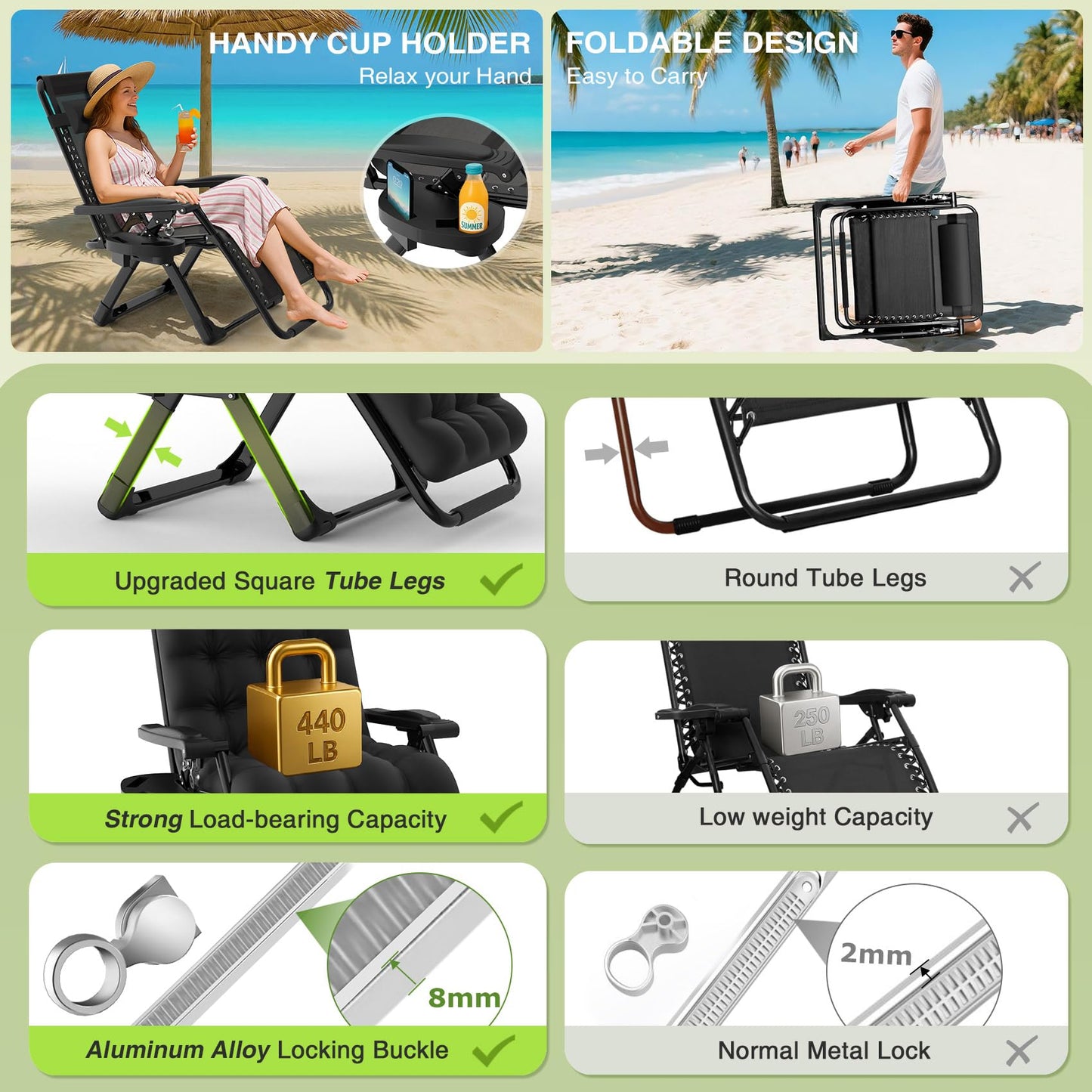Suteck Zero Gravity Chair, Reclining Camping Lounge Chair w/Removable Cushion, Upgraded Lock and Cup Holder, Reclining Patio Chairs Folding Recliner for Indoor and Outdoor