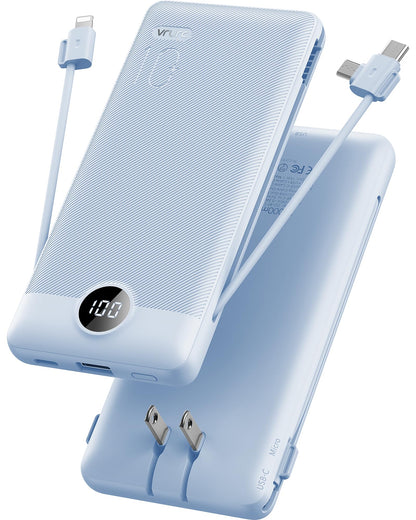 VRURC Portable Charger Built-in Cables and AC Wall Plug, USB C Power Bank 10000mAh, Travel Essentials Phone Charger Compact Lightweight External Battery Pack for Smart Phones, Tablets etc-Blue