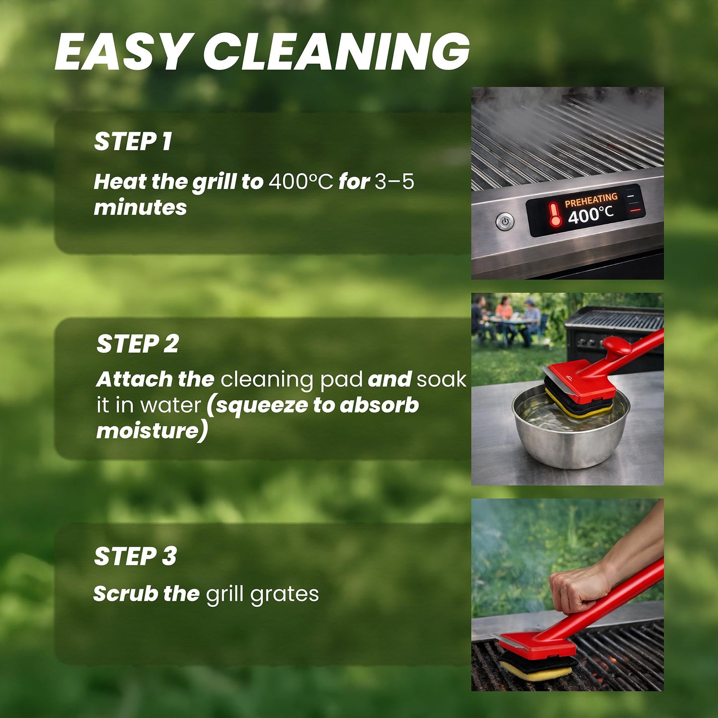 Grill Brush Bristle Free with 3 Replacement Brush Heads, Easy-Fit Cleaning Tool for Cast Iron/Stainless Steel Grates, Safe Barbecue Grill Cleaner