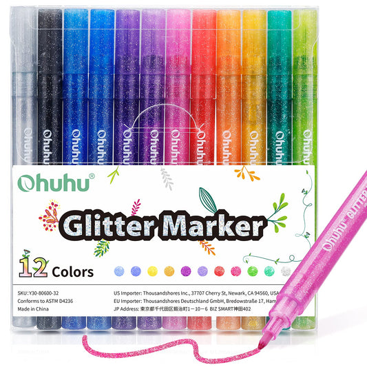 Ohuhu Glitter Markers Pen: 12 Glitter Colors Metallic Shimmer Marker Fine Tip Water-based Ink for Kids Adults DIY Crafts Greeting Birthday Cards Making Mugs Wood - AP Certificated