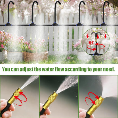 Kalolary 1/4" Drip Irrigation System, Garden Watering System with 16pcs Adjustable Copper Nozzles Automatic Atomizing Watering Sprinkler System for Yard Lawn Outdoor Irrigation