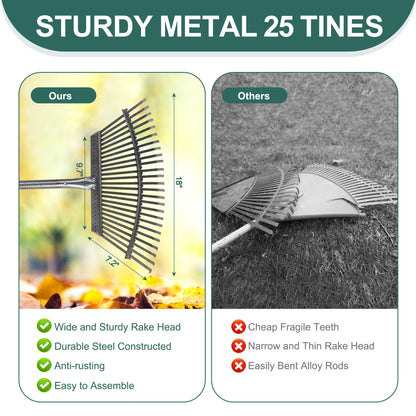 Adjustable Garden Leaf Rake Set, 18" Wide, 25 Tines, 37-79" Handle Metal Leaf Rake with 2 Pack 32 Gallons Leaf Bags and Scoops. Heavy Duty Graden Rakes Set for Lawn, Grass, Shrubs, Flower Beds