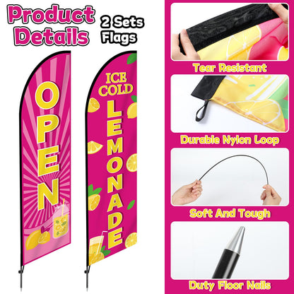 2 Sets Lemonade Feather Flag for Business Advertising 11 FT Summer Lemonade Swooper Flag Sign with Pole Ground Stake Portable Bag Windless Welcome Open Banner for Outside Garden Business Store (Pink)