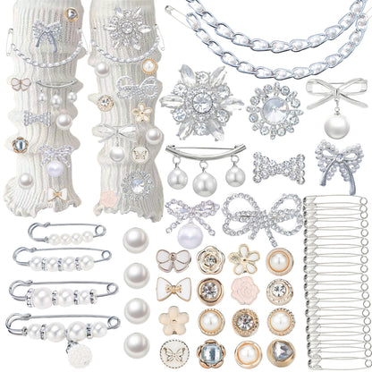54PCS Junk Socks Charms Kit, Shoe Charms for Sneakers Girls,Silver Brooches and Pins for Women, Pearl and Rhinestone Sock Charm with Safety Pins, DIY Accessories for Decorating and Personalizing Socks