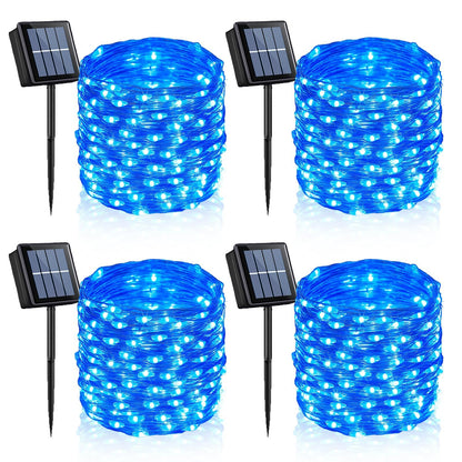 YEGUO 4 Pack Blue Solar Fairy Lights, Each 33ft 100 LED Christmas Lights Outdoor Waterproof, 8 Modes Sliver Wire Solar String Lights